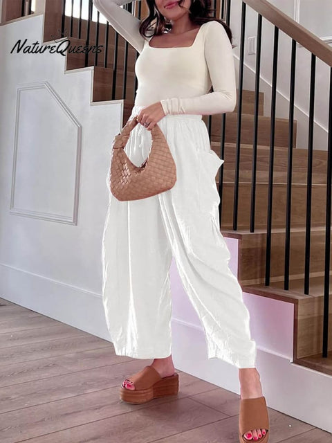 Women's Stylish Casual Fashionable Elastic Waist Loose Cotton Linen Pants