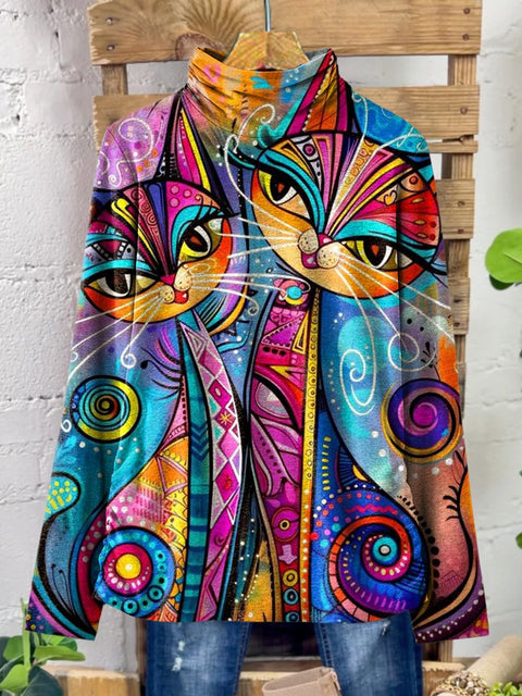 Women's Brightly Colored Cat Art Print Casual 100% Cotton Top