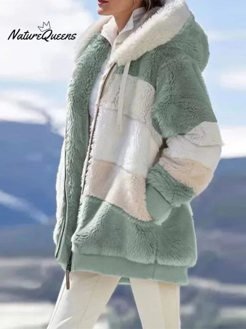 Autumn and Winter Loose Plush Multicolor Hooded Jacket