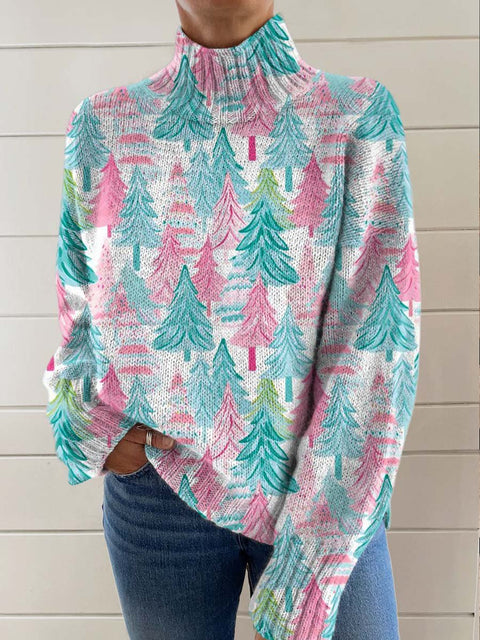 Women's Lovely Christmas Tree Art Print Knit Turtleneck Pullover Sweater