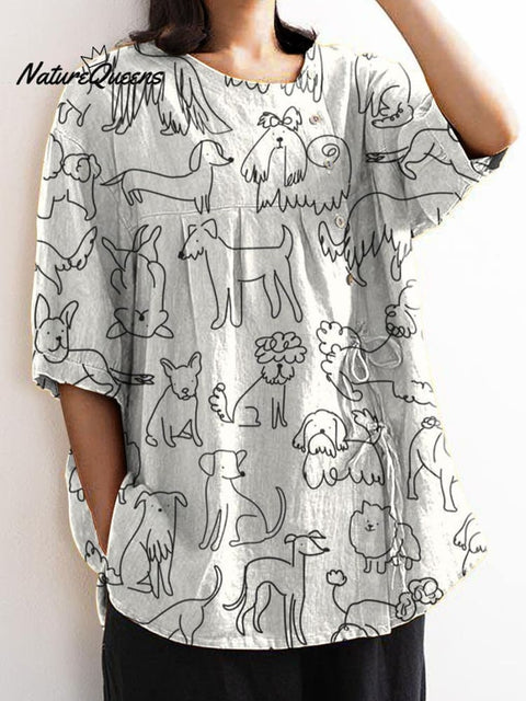 Women's Black and White Line Puppy Print Casual Cotton And Linen Shirt