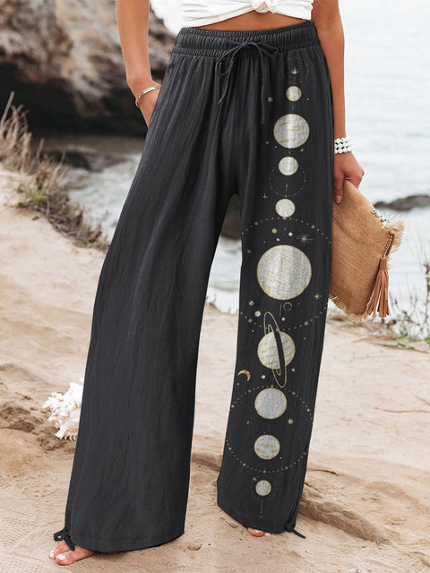 Track Of The Moon Graphic Printed Women's Cotton And Linen Casual Pants