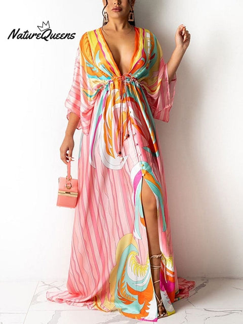 Women's Spring and Summer Casual Vacation Style V-Neck Printed Dress