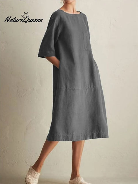Round - Neck Mid - Sleeve Cotton Linen Pocket Dress Grey / S