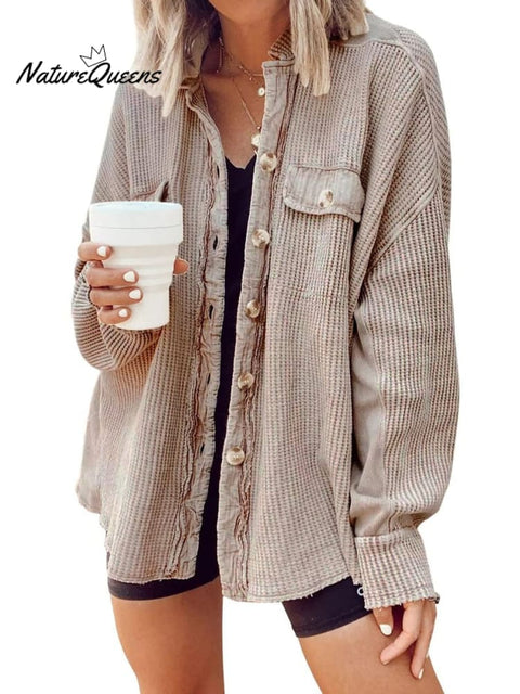Women's Fall Casual Lapel Neck Patchwork Irregular Shirt Jacket