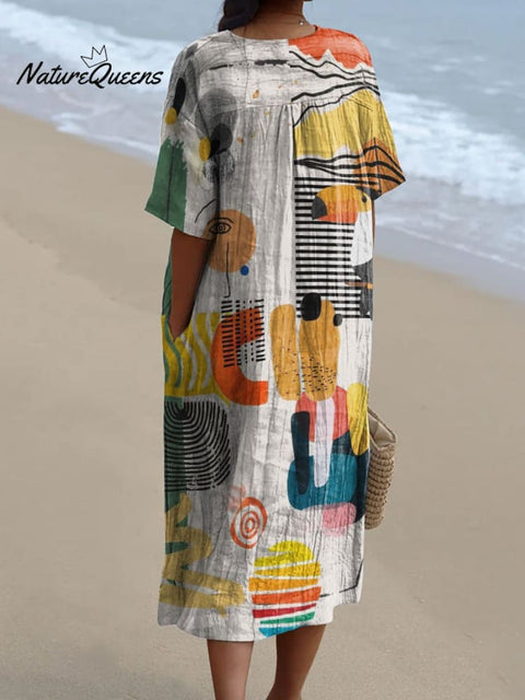 Abstract Geometric Shapes, Lines and Toucans Mixed Decorative Pattern Flowy Dress
