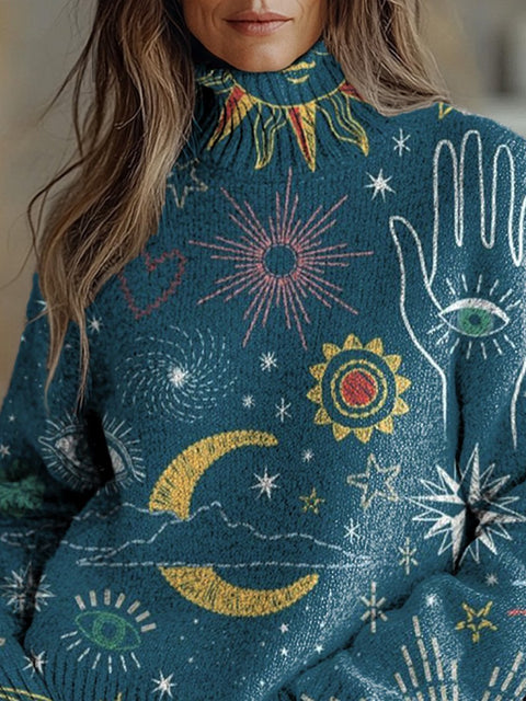 Embroidery Style Galaxy Pattern Printed Knit Turtleneck Pullover Sweater
