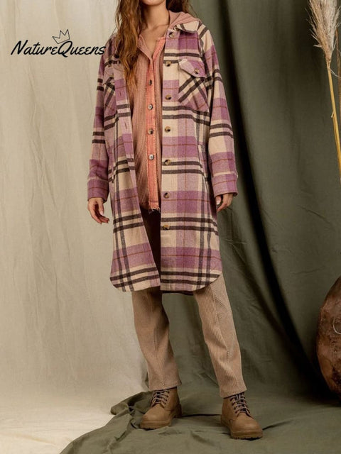 Stylish Lapel Big Pocket Long Sleeve Plaid Jacket Cardigan