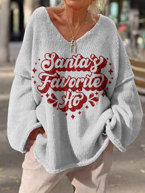 "Santa's Favorite Ho" Funny Christmas Joke Graphic Printed Women's Casual Pullover Sweater