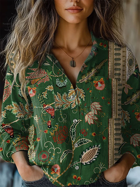 Women's  Retro Florals Art  Print Casual Long Sleeve Comfortable Cotton Shirt