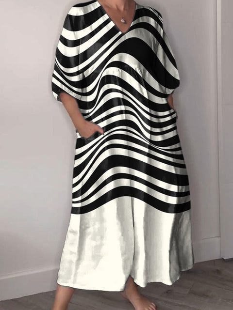 Abstract Geometric Wave Art Printed Women's Pocket V-Neck Cotton Dress