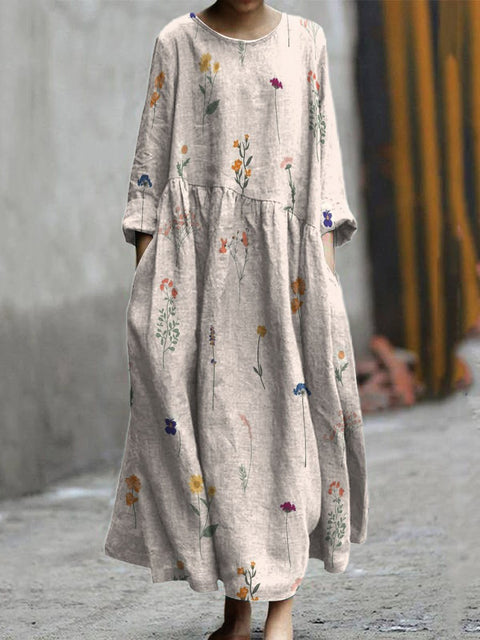 Small Flowers Decorative Pattern Pocket Cotton Dress