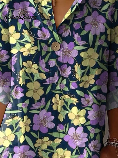Retro Style Purple And Yellow Floral Pattern Printed Women's Casual Cotton Linen Shirt