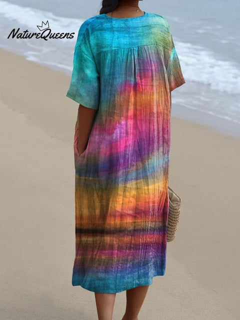 Oil Painting Sunset Scenery Art Printed Women's Flowy Dress