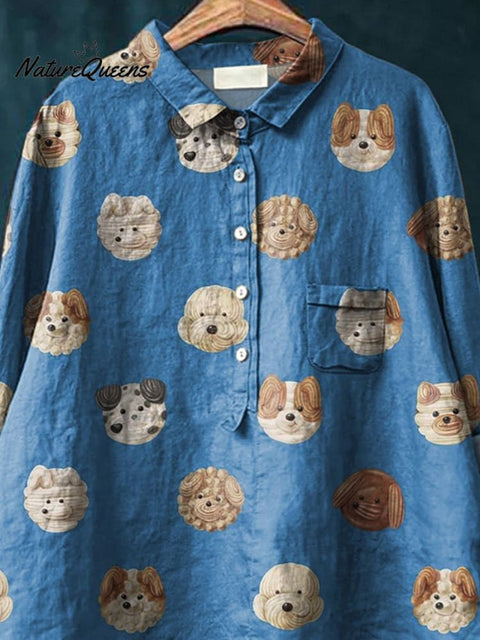 Lovely Dog Cookie Pattern Printed Women's Casual Cotton And Linen Shirt