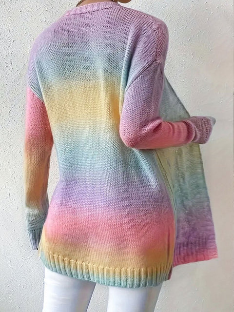 Women's Rainbow Tie-Dye Twist Long Knit Cardigan Jacket