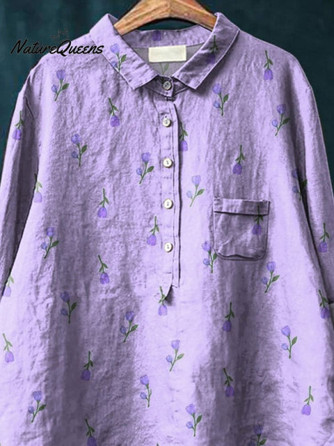 Petite Lilac Tulip Floral Pattern Printed Women's Casual Cotton And Linen Shirt