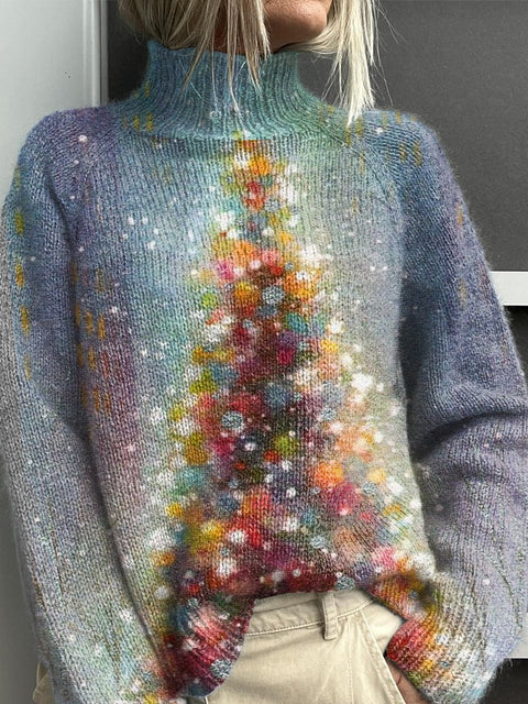 Beautiful Christmas Tree Print Knit Turtleneck Pullover Sweater