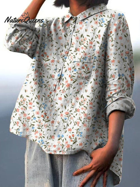 Petite Spring Field Pattern Printed Women's Casual Cotton And Linen Shirt
