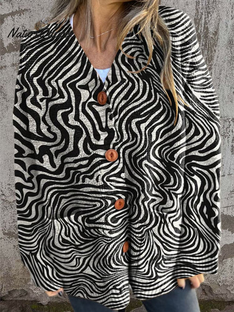Black and White Abstract Art Print Buttoned Cardigan Sweater