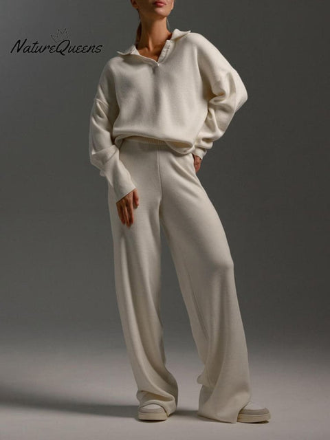 Women's Knitted Polo Collar Sweater And Knitted Wide Leg Pants Two-Piece Set Outfit