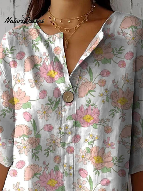 Retro Style Peony And Tulip Floral Pattern Printed Women's Casual Cotton Linen Shirt