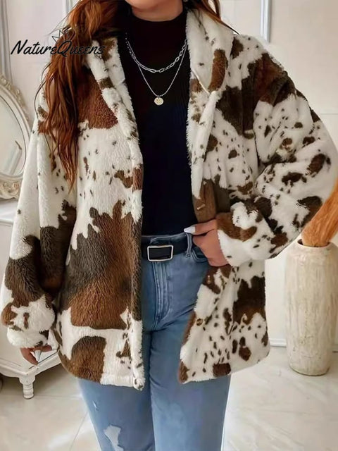 Plush Hooded Cow Print Fleece Jacket