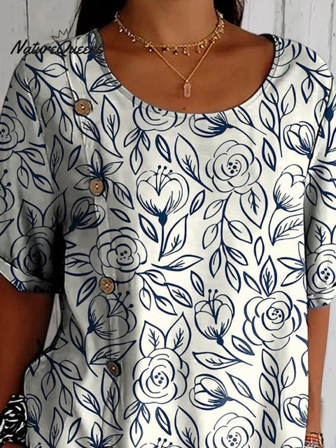 Hand Drawing Style Rose Pattern Printed Women's Casual Cotton Shirt