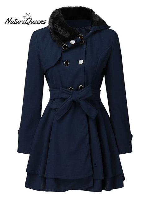 Women's Dress Jacket Trench Fur Collar Winter Long Peacoat Coat Outwear