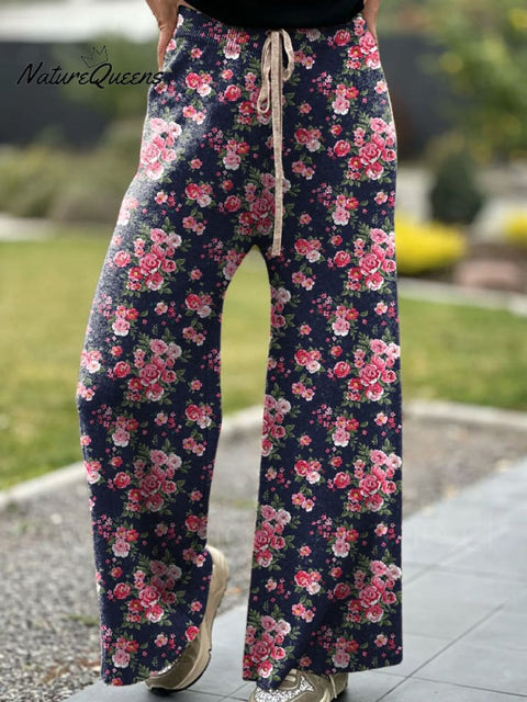 Romantic Rose Garden Pattern Printed Women's Comfortable Knitted Trousers