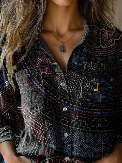 Ethnic Style Geometric Compass Art Printed Women's Casual Long Sleeve Comfortable Cotton Shirt