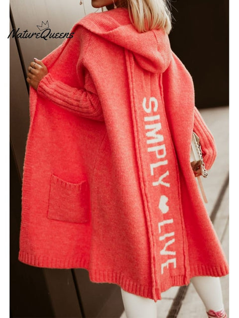 Long Cardigan Lapel Hooded Long Lettered Loose Knitted Jacket