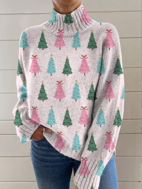 Pink Christmas Christmas Tree Print Knit Turtleneck Pullover Sweater