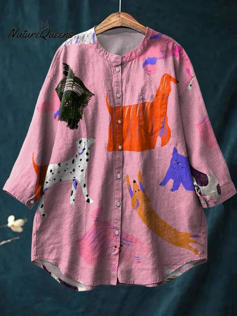 Lovely Dog Party Pattern Printed Women's Casual Cotton And Linen Shirt