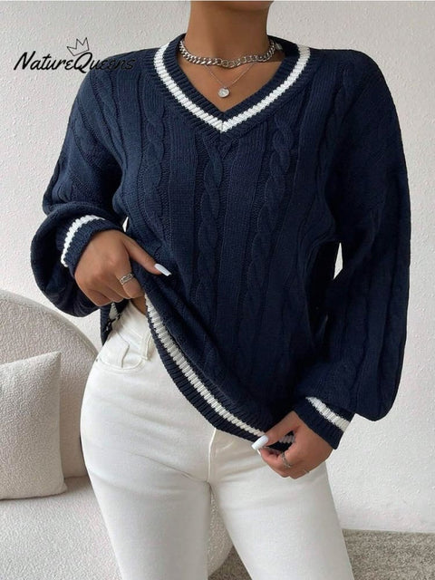 Autumn and winter sweaters, fashionable loose V-neck twist sweaters, versatile tops for women