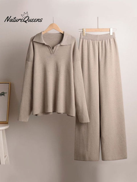 Women's Knitted Polo Collar Sweater And Knitted Wide Leg Pants Two-Piece Set Outfit