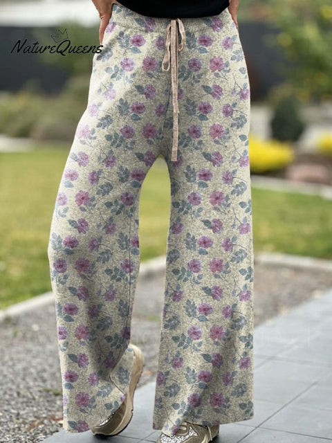 Watercolour Pink Spring Floral Pattern Printed Women's Comfortable Knitted Trousers