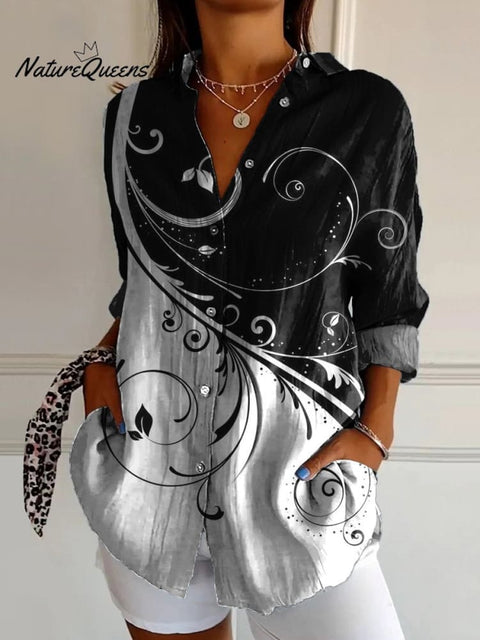Black And White Floral Art Printed Women's Casual Cotton Shirt