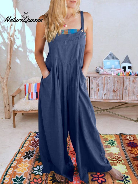 Women’s Solid Color Loose Elegant Casual Cotton Linen Suspender Jumpsuit Navy / S