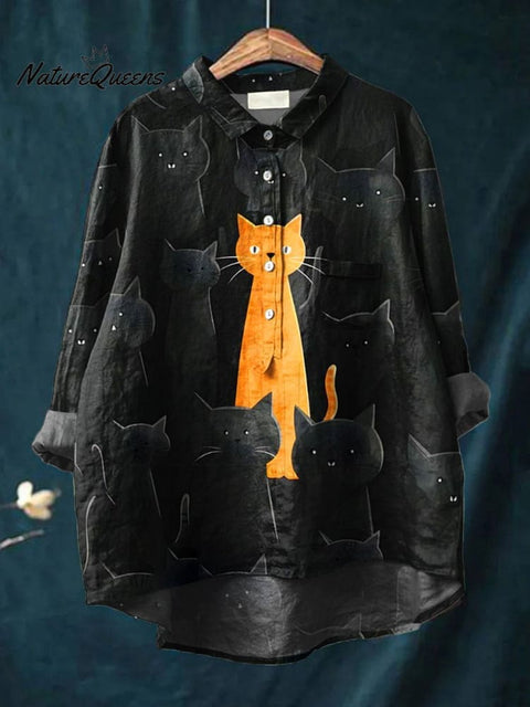 Women's Cat  Art Print Casual Cotton And Linen Shirt