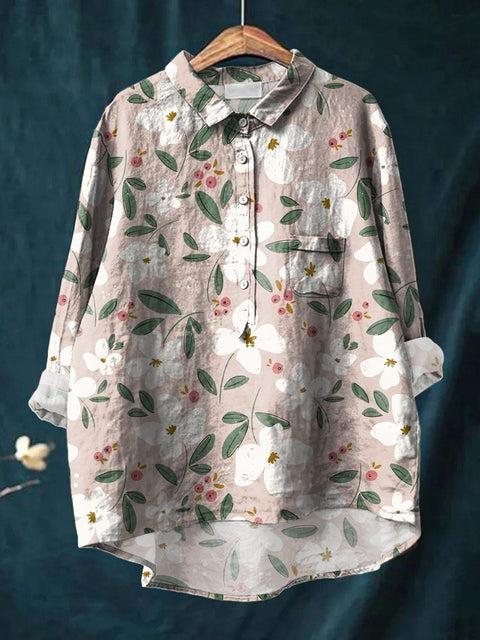 Pink bottom white flowers Women's  Print Casual Cotton And Linen Shirt