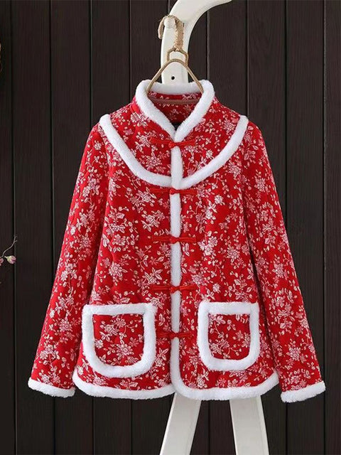 Women's Red and White Grid Chinese-style Padded Jacket