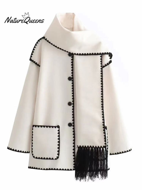 Women's Thickened Loose Woolen Coat with Scarf and Tassels