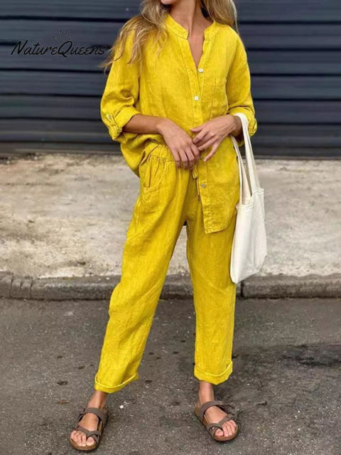 Women's Solid Color Casual Cotton And Linen Shirt Suit