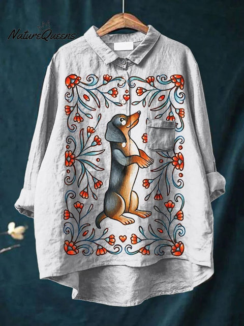 Women's Funny Dog  Art Print Casual Cotton And Linen Shirt