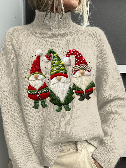 Funny Cat Christmas Embroidery  Art Print Knit Turtleneck Pullover Sweater
