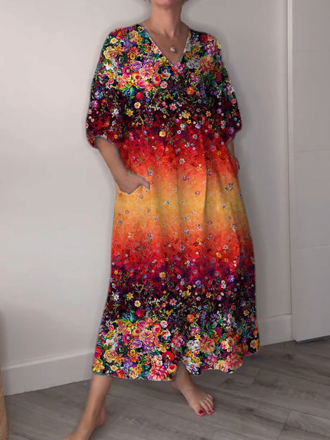 Women's Red Gradient Floral Art Print Pocket V-neck Cotton Dress