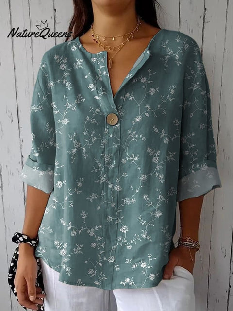 Small Floral And Vine Pattern Printed Women's Casual Cotton Linen Shirt