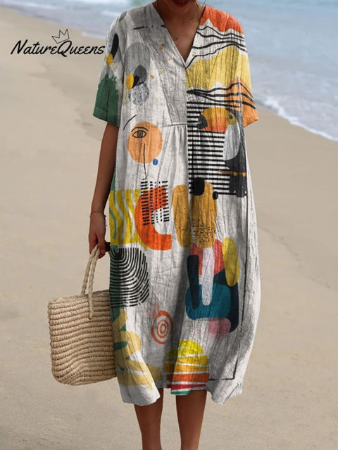 Abstract Geometric Shapes, Lines and Toucans Mixed Decorative Pattern Flowy Dress