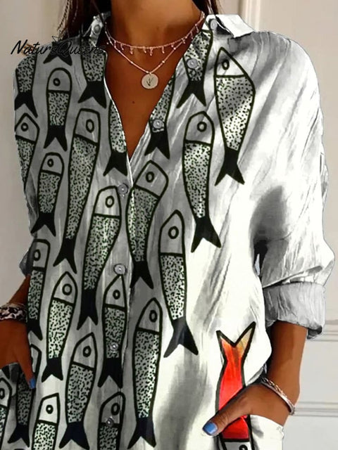 Be The Unique Fish Art Printed Women's Casual Cotton Shirt